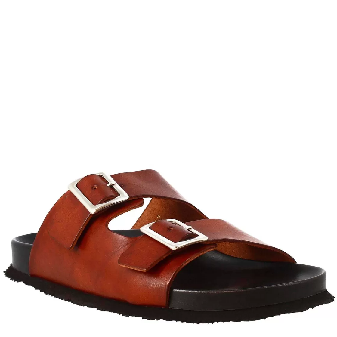 Leonardo Brown Double Buckle Sandals For Men In Leather Open On The Back New