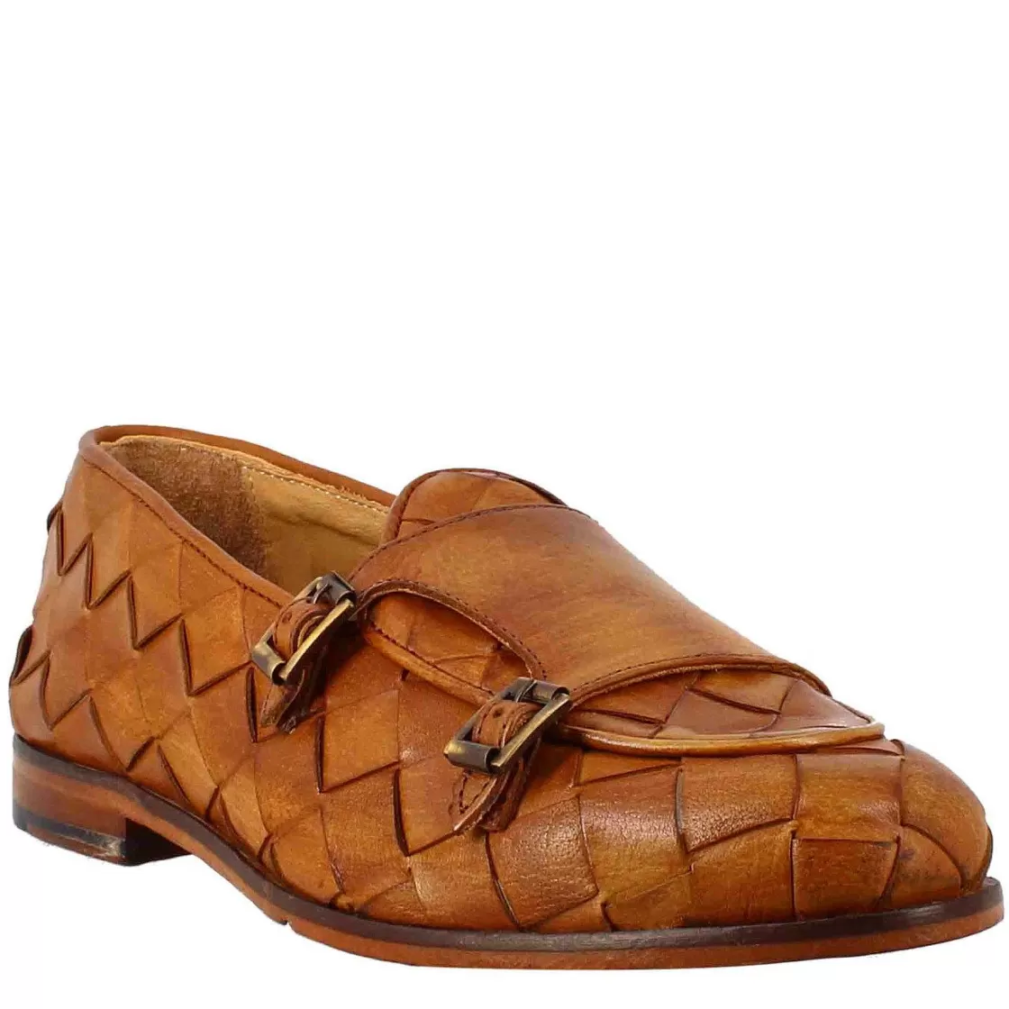 Leonardo Brown Moccasin With Double Golden Buckle For Men In Woven Leather Flash Sale