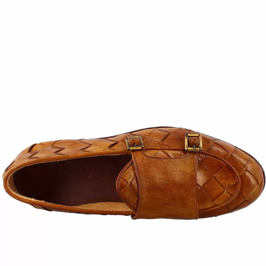 Leonardo Brown Moccasin With Double Golden Buckle For Men In Woven Leather Flash Sale