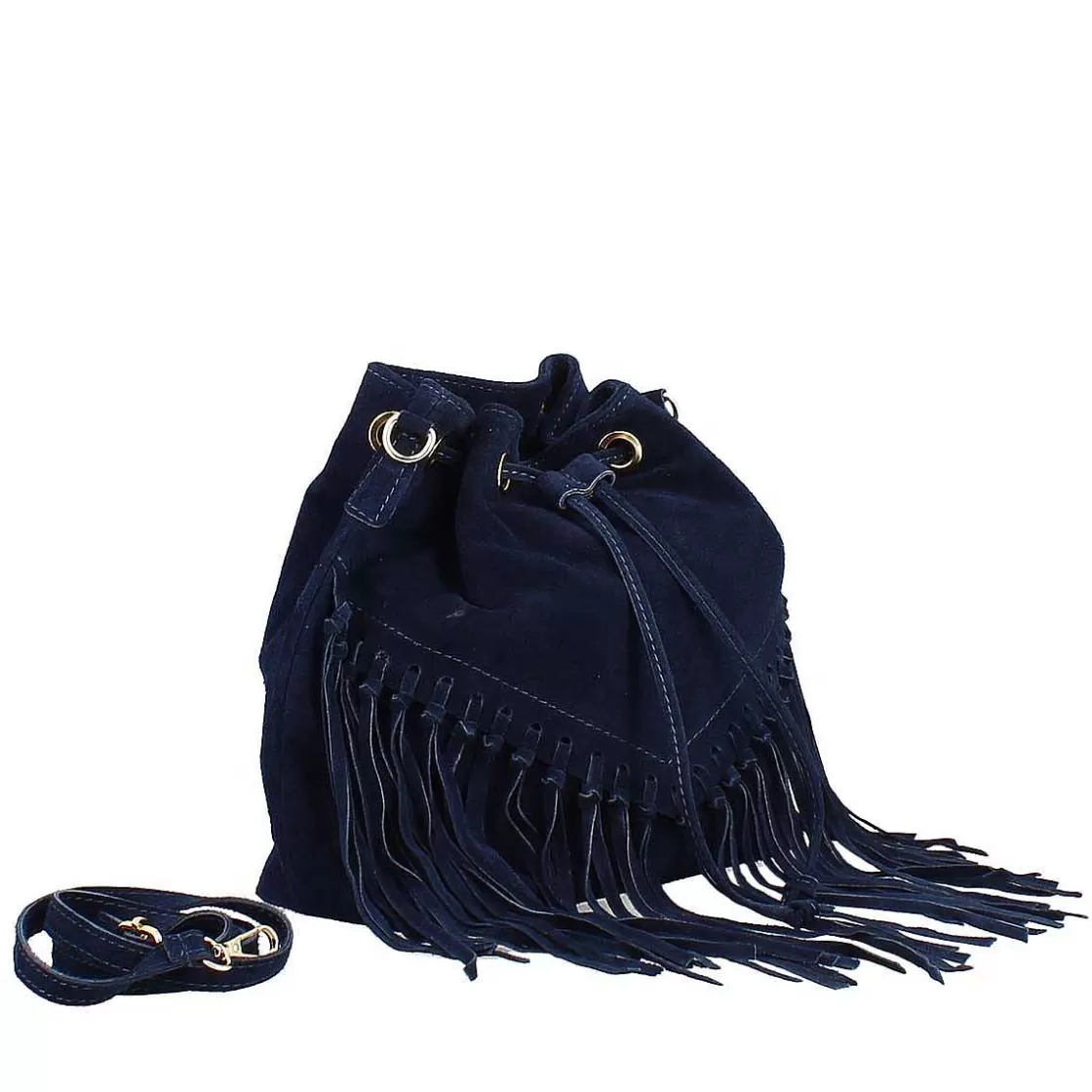 Leonardo Bucket Bag With Fringes In Blue Suede Discount
