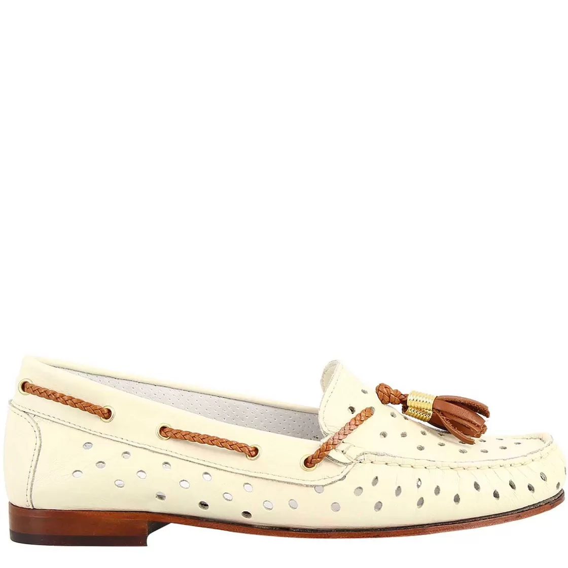 Leonardo Classic Women'S Loafers Handmade In Cream White Perforated Leather Cheap