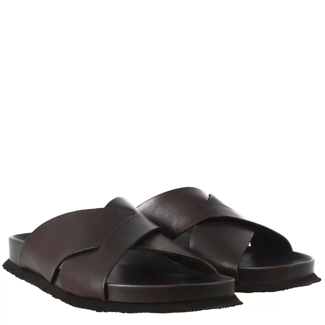 Leonardo Dark Brown Men'S Sandals In Leather With Open Back Outlet