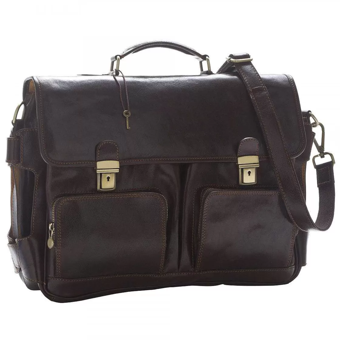 Leonardo Deluxe Briefcase In Full Grain Leather With Front Pockets And Adjustable Shoulder Strap Discount