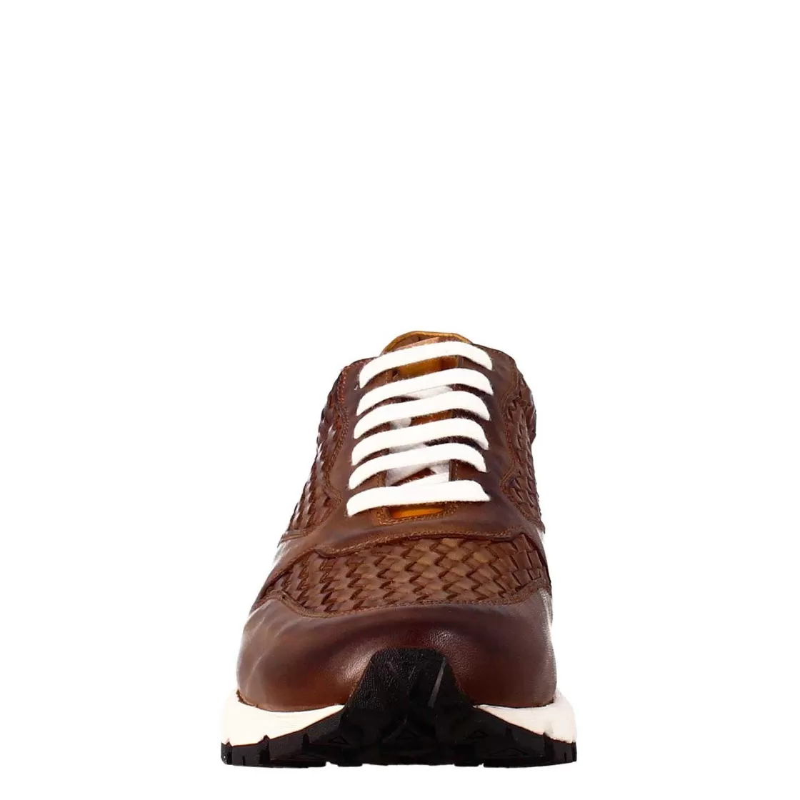 Leonardo Elegant Dark Brown Sneaker For Men In Woven Leather Best Sale