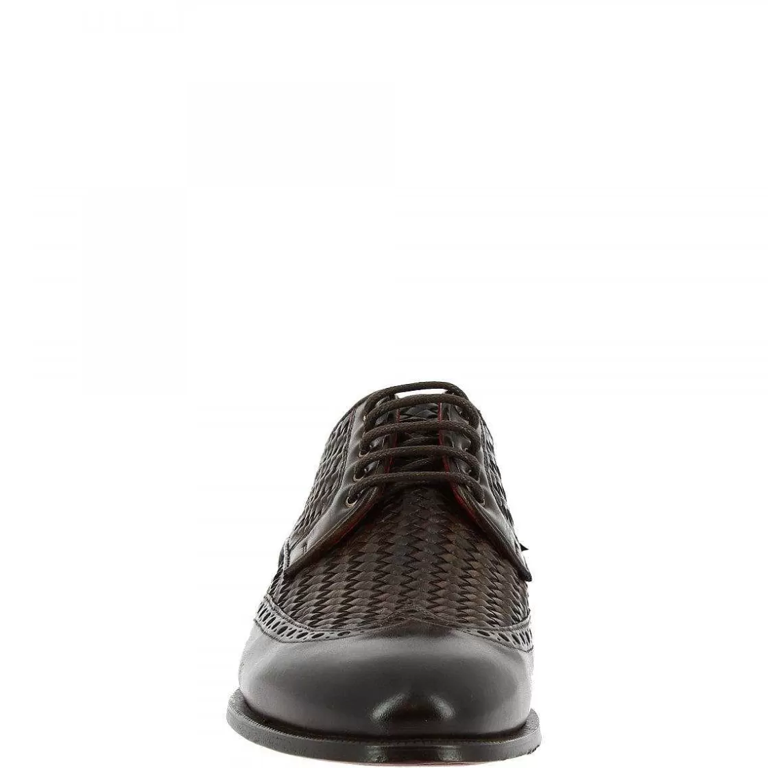 Leonardo Elegant Lace-Up Shoes For Men In Leather Dark Brown Woven Calfskin, Handmade Cheap