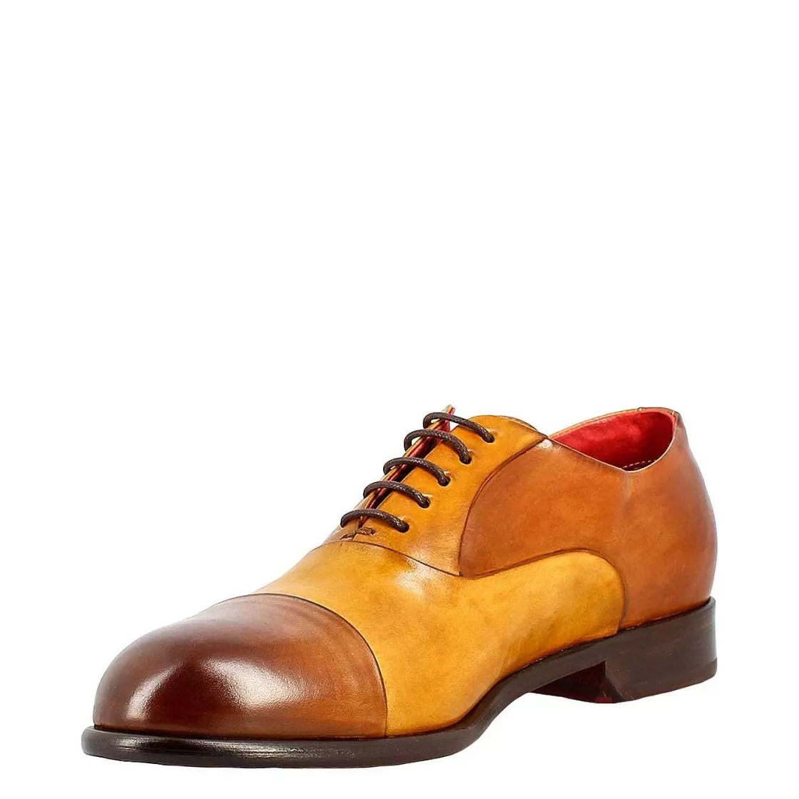 Leonardo Elegant Men'S Brown And Yellow Oxford In Leather And Red Lining Store