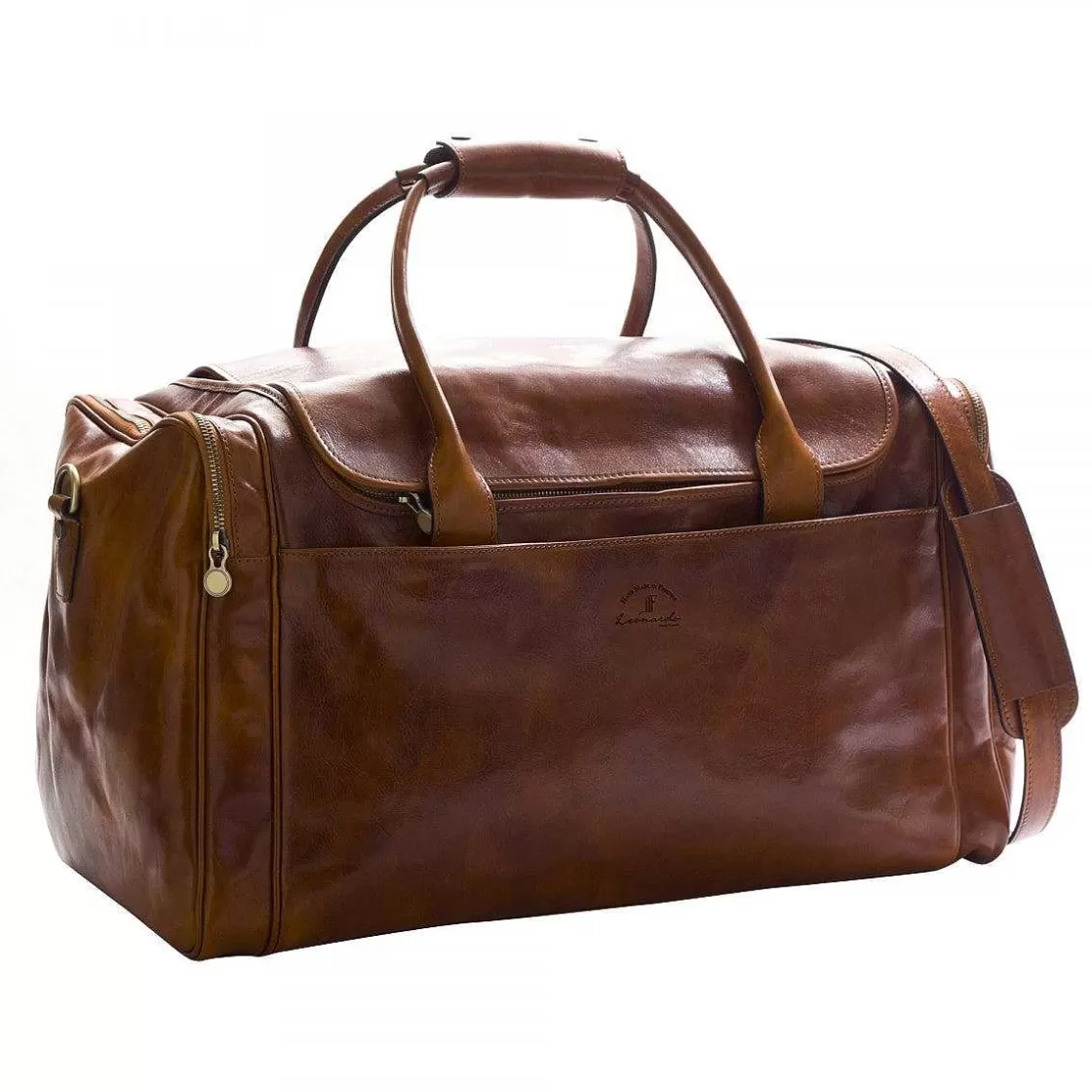 Leonardo Explorer Large Travel Bag In Full-Grain Leather, Side And Front Pockets With Double Zip And Adjustable Shoulder Strap Online