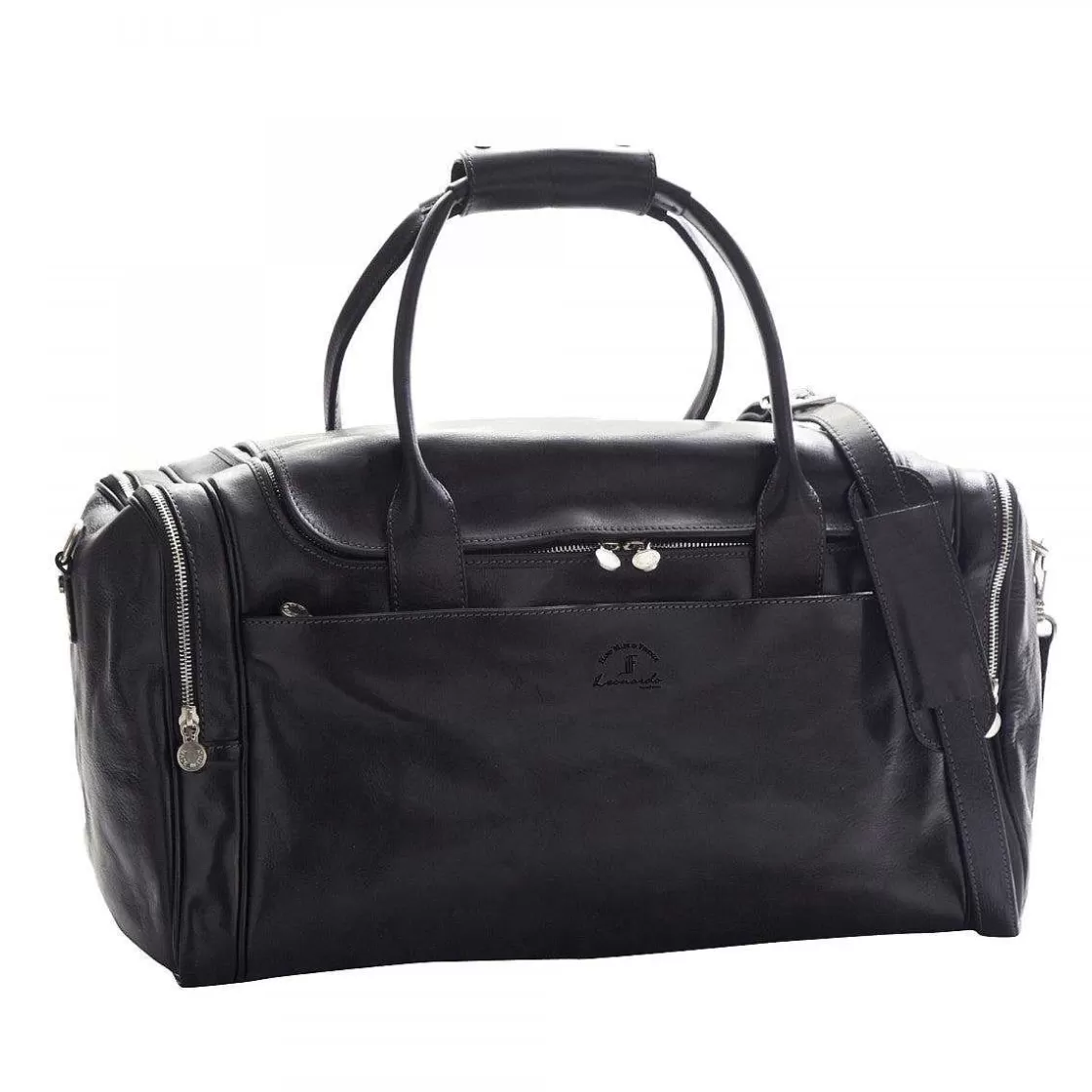 Leonardo Explorer Medium Travel Bag In Full-Grain Leather Double Zip Front And Side Pockets Adjustable Shoulder Strap Best