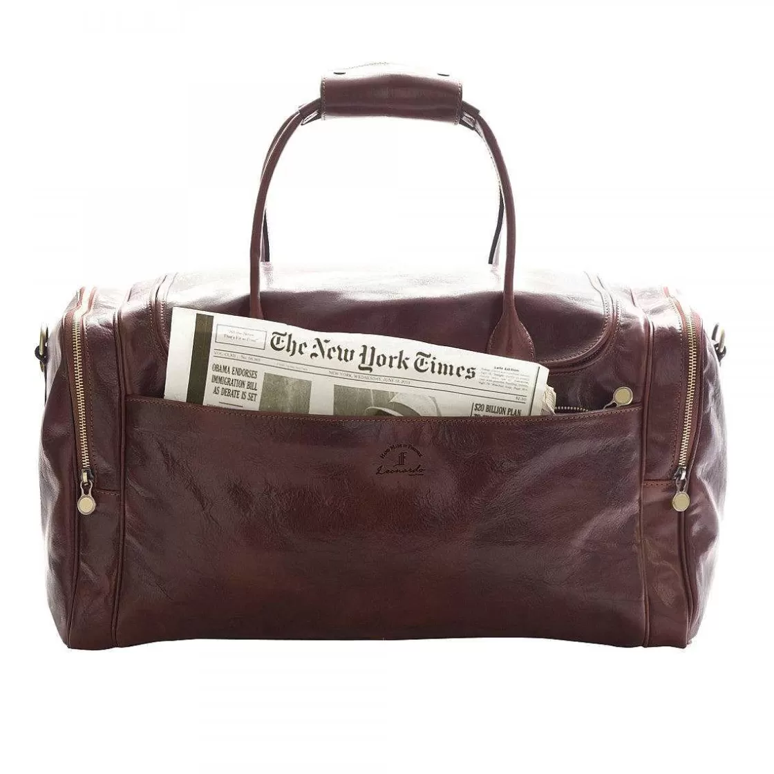 Leonardo Explorer Medium Travel Bag In Full-Grain Leather Double Zip Front And Side Pockets Adjustable Shoulder Strap Best