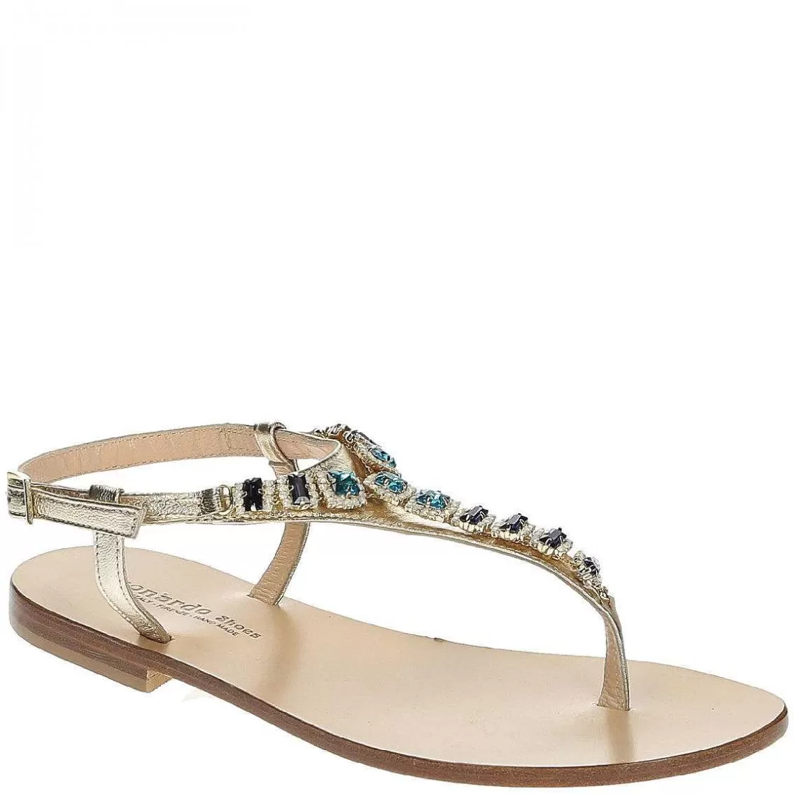 Leonardo Flat Thong Sandals In Platinum Laminated Leather And Crystal Flowers Clearance