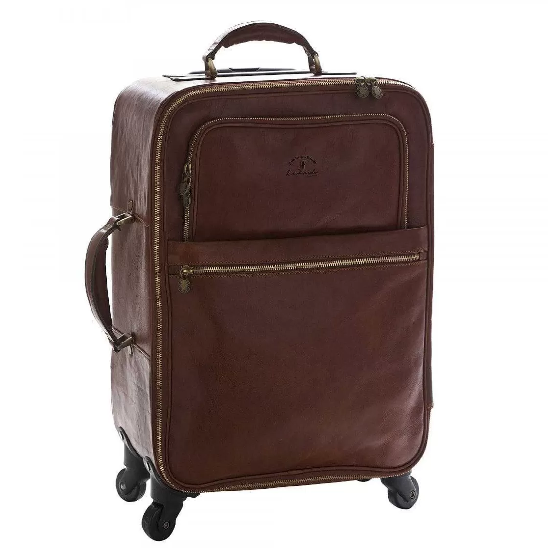 Leonardo Four-Wheeled Trolley In Full-Grain Leather With Double Zip And Front Pockets Hot