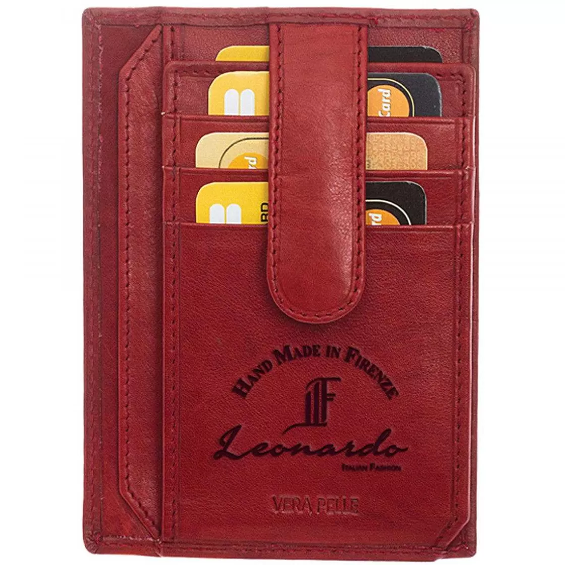 Leonardo Handmade Card Holder In Red Calfskin, Banknote Compartments Hot