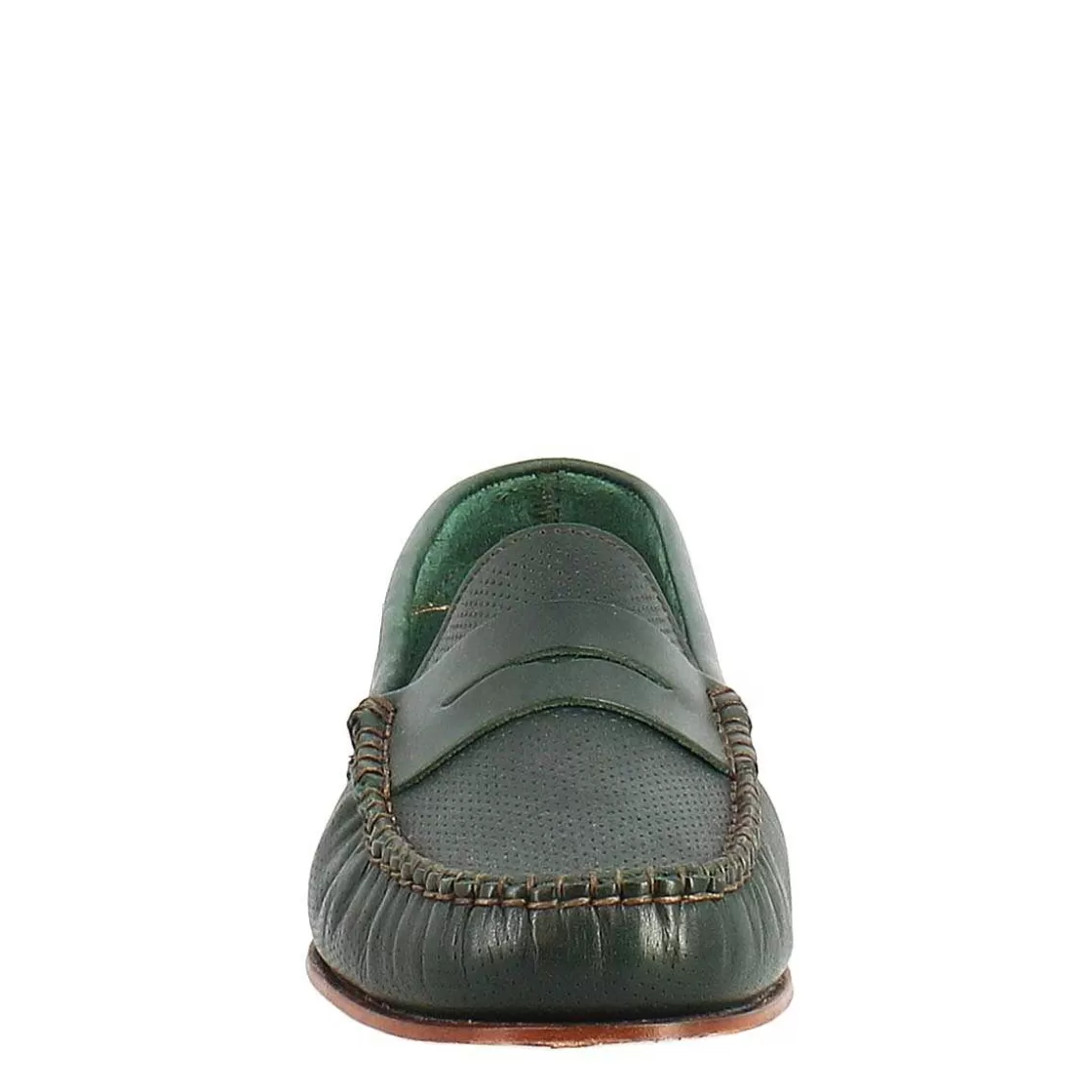 Leonardo Handmade College Loafers For Women In Green Perforated Leather Store