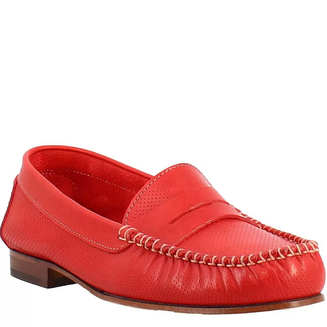 Leonardo Handmade College Loafers For Women In Red Perforated Leather Online