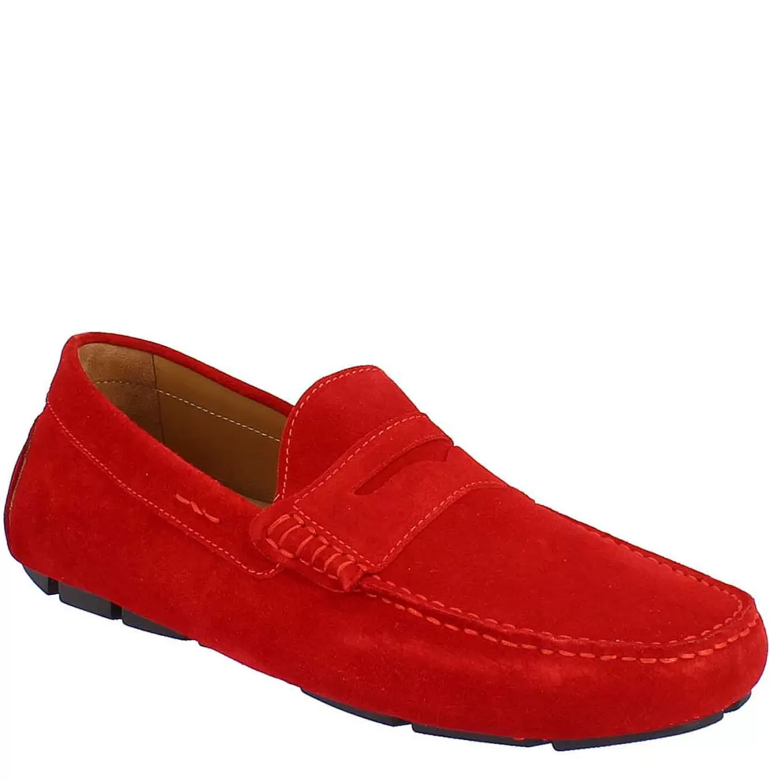 Leonardo Handmade Men'S Carshoe Loafers In Leather Red Suede. Hot