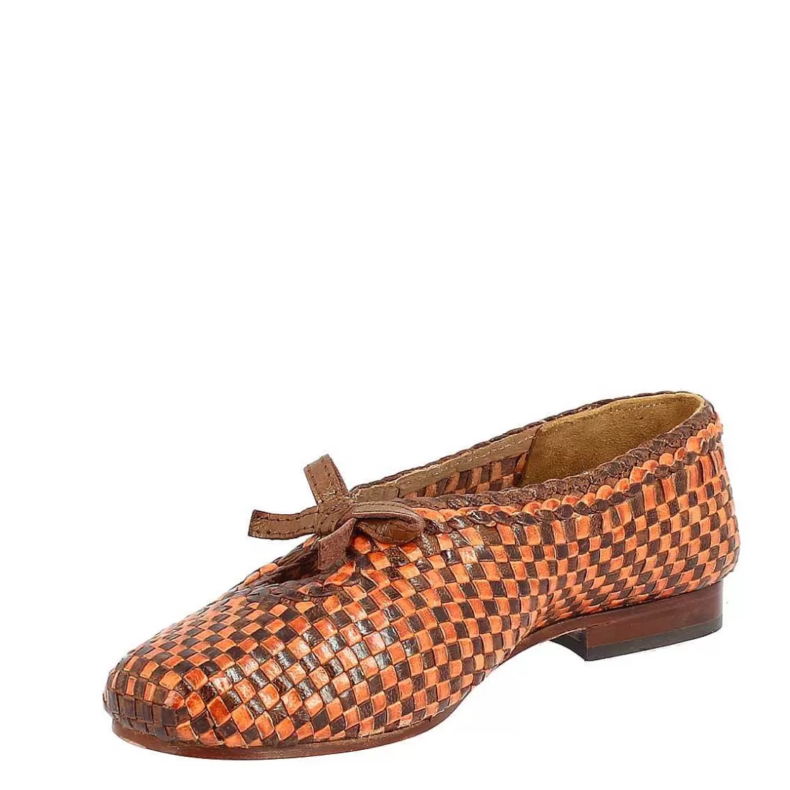 Leonardo Handmade Women'S Ballet Flats With Bow In Brown And Bronze Woven Leather Hot