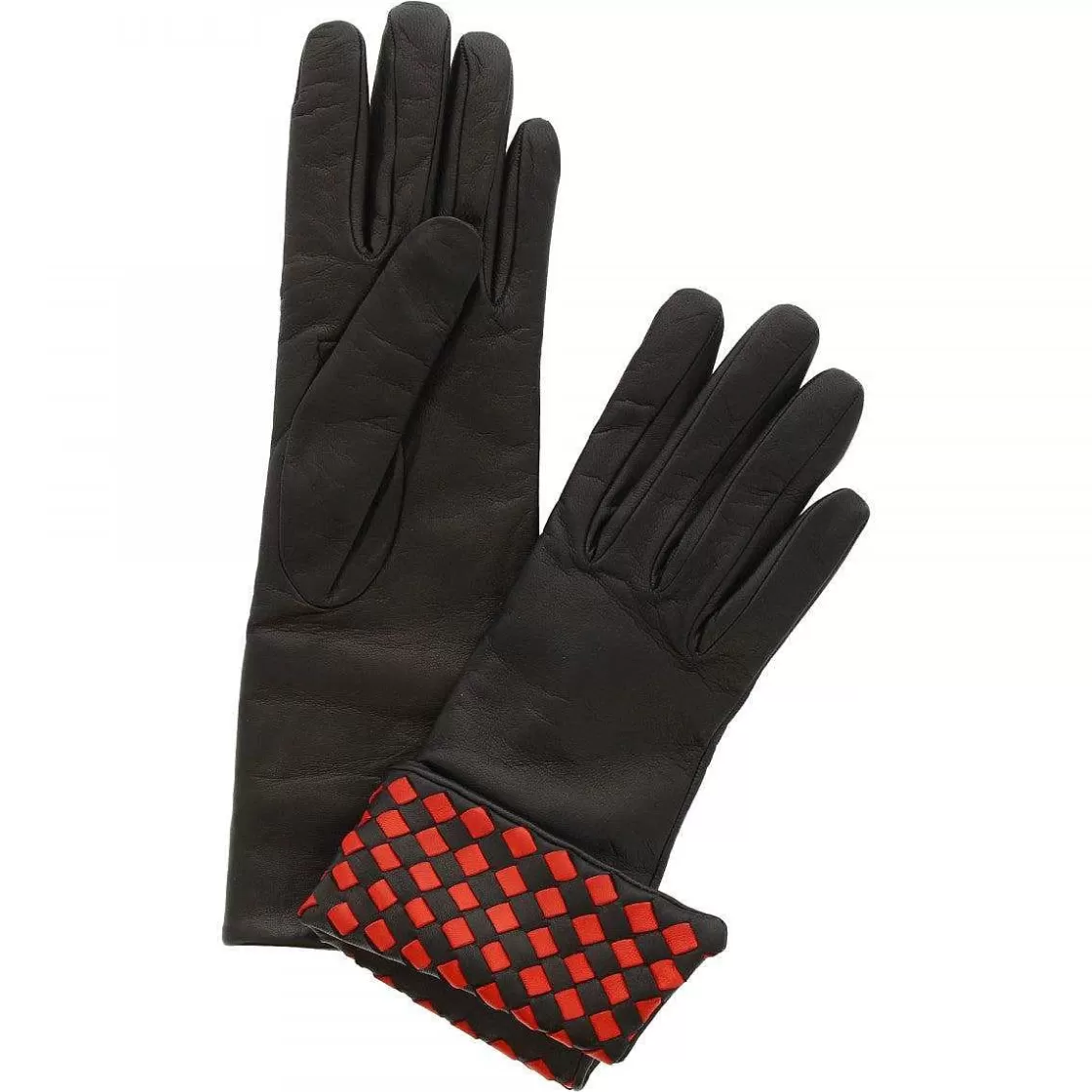 Leonardo Handmade Women'S Gloves In Black Nappa Leather With Black Red Weaving On The Wrist Hot