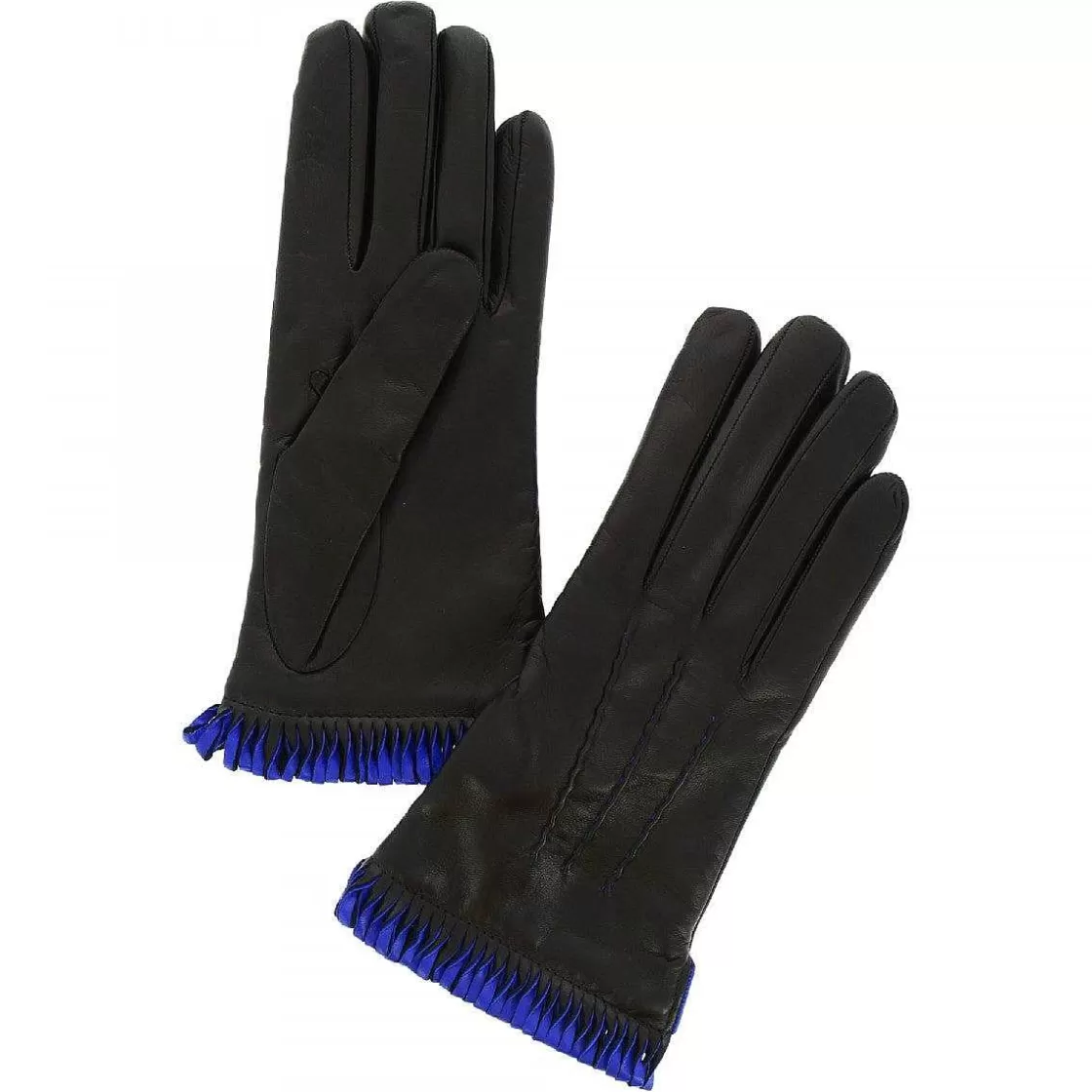 Leonardo Handmade Women'S Gloves In Black Nappa Leather With Blue Border Hot