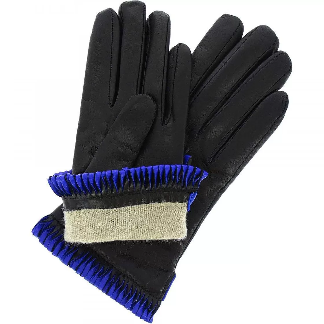 Leonardo Handmade Women'S Gloves In Black Nappa Leather With Blue Border Hot
