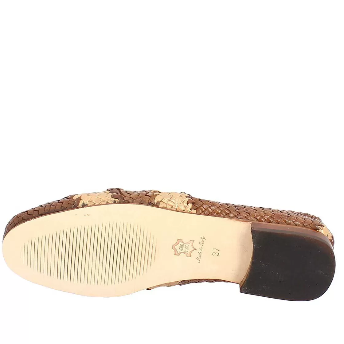 Leonardo Handmade Women'S Loafers In Brown And Beige Woven Leather Fashion