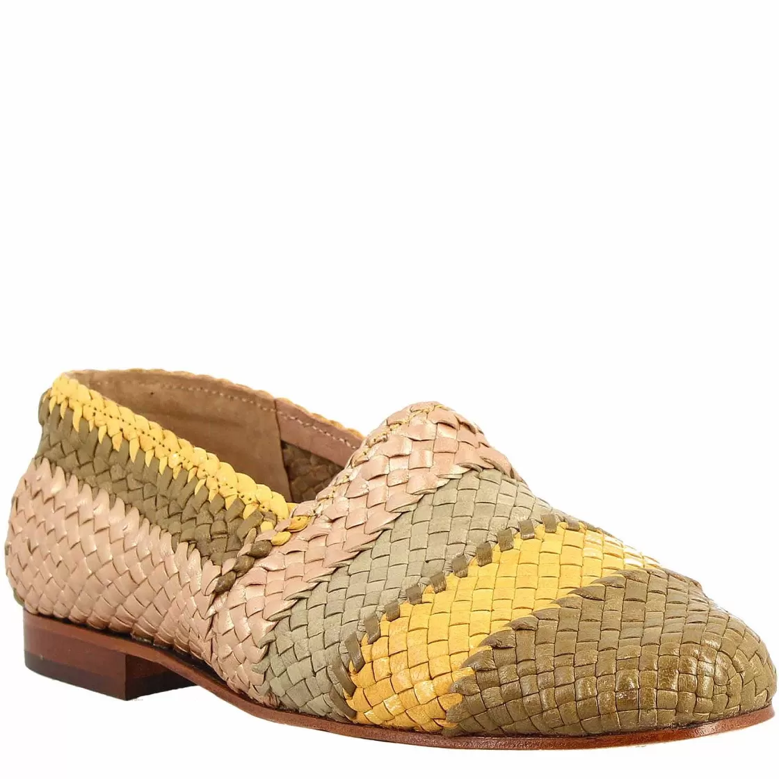 Leonardo Handmade Women'S Moccasins In Green, Yellow And Beige Woven Leather Store