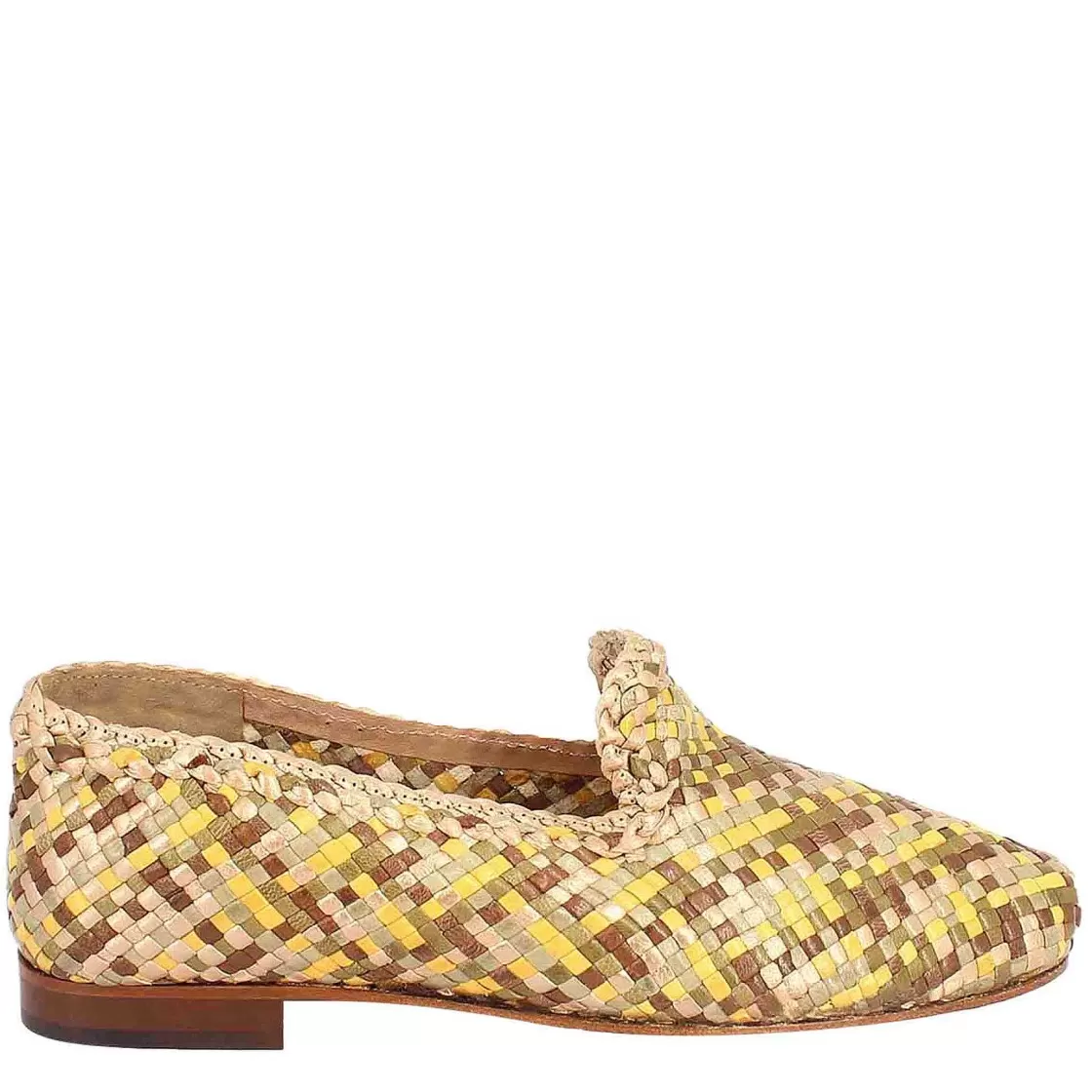 Leonardo Handmade Women'S Moccasins In Yellow, Green And Brown Braided Leather Store