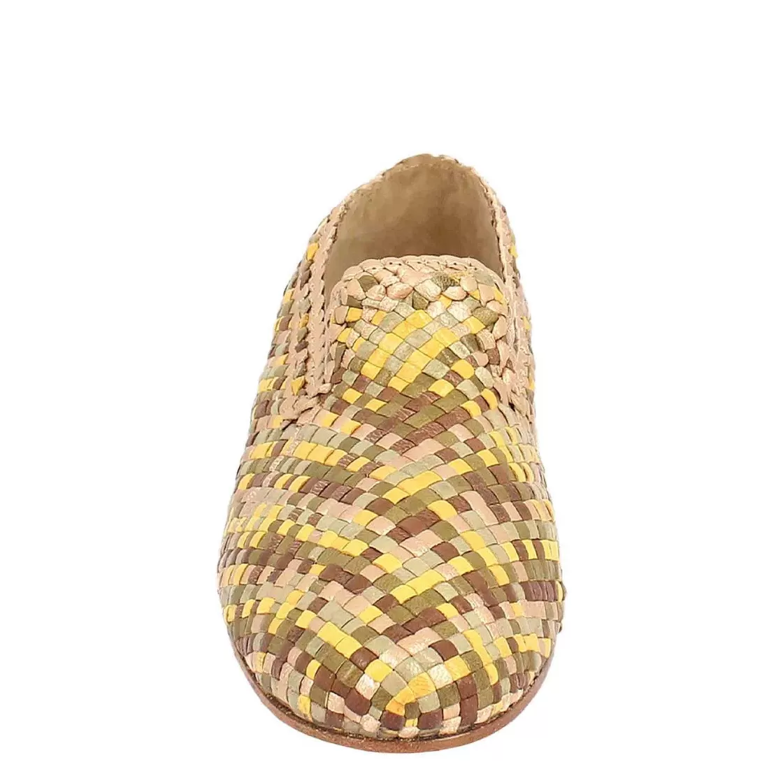 Leonardo Handmade Women'S Moccasins In Yellow, Green And Brown Braided Leather Store