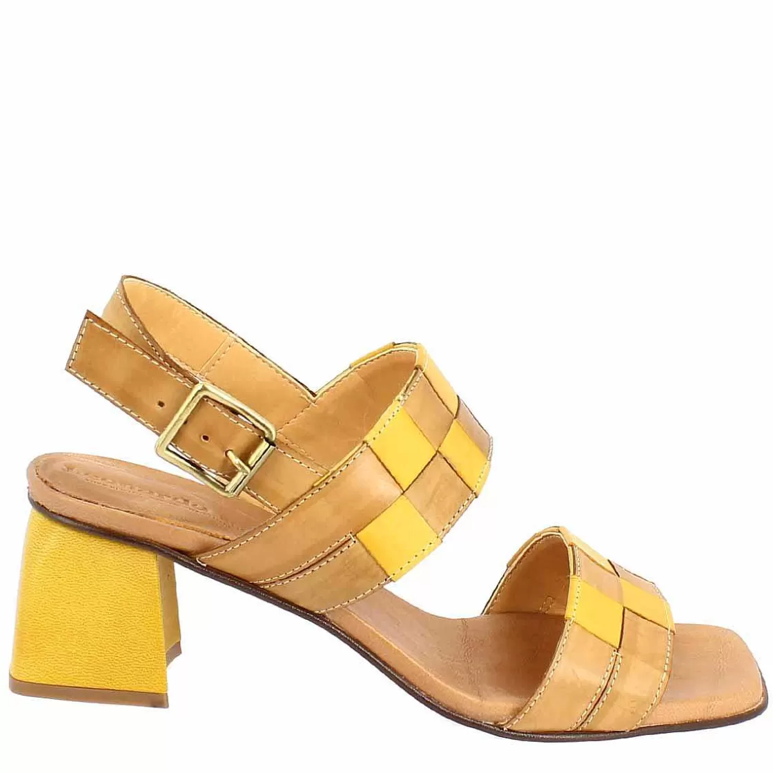 Leonardo Handmade Women'S Slingback Sandals In Brown And Yellow Leather. Sale