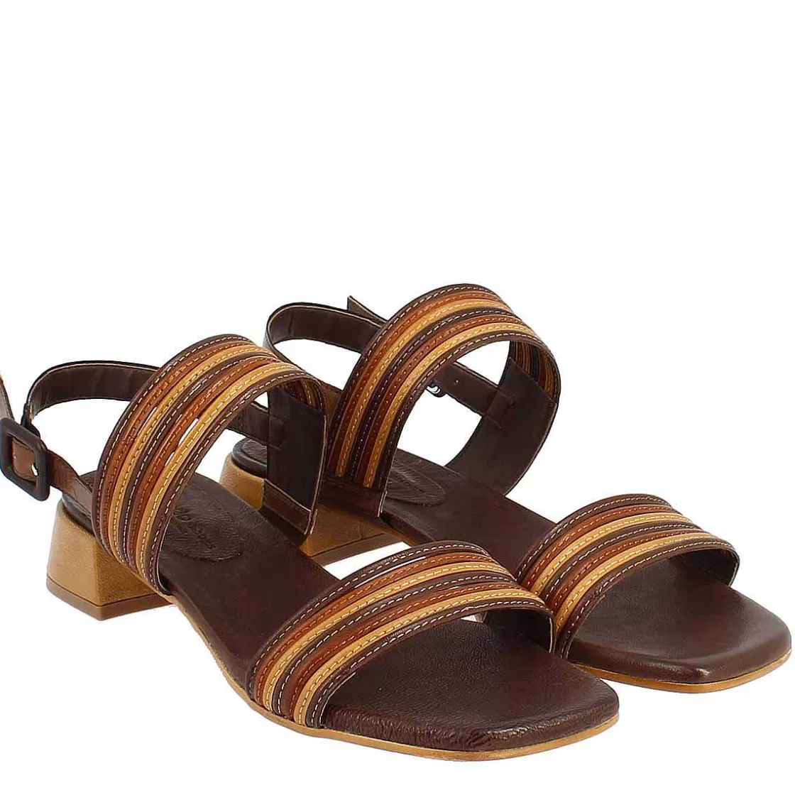 Leonardo Handmade Women'S Slingback Sandals In Brown, Wood And Beige Leather. Flash Sale