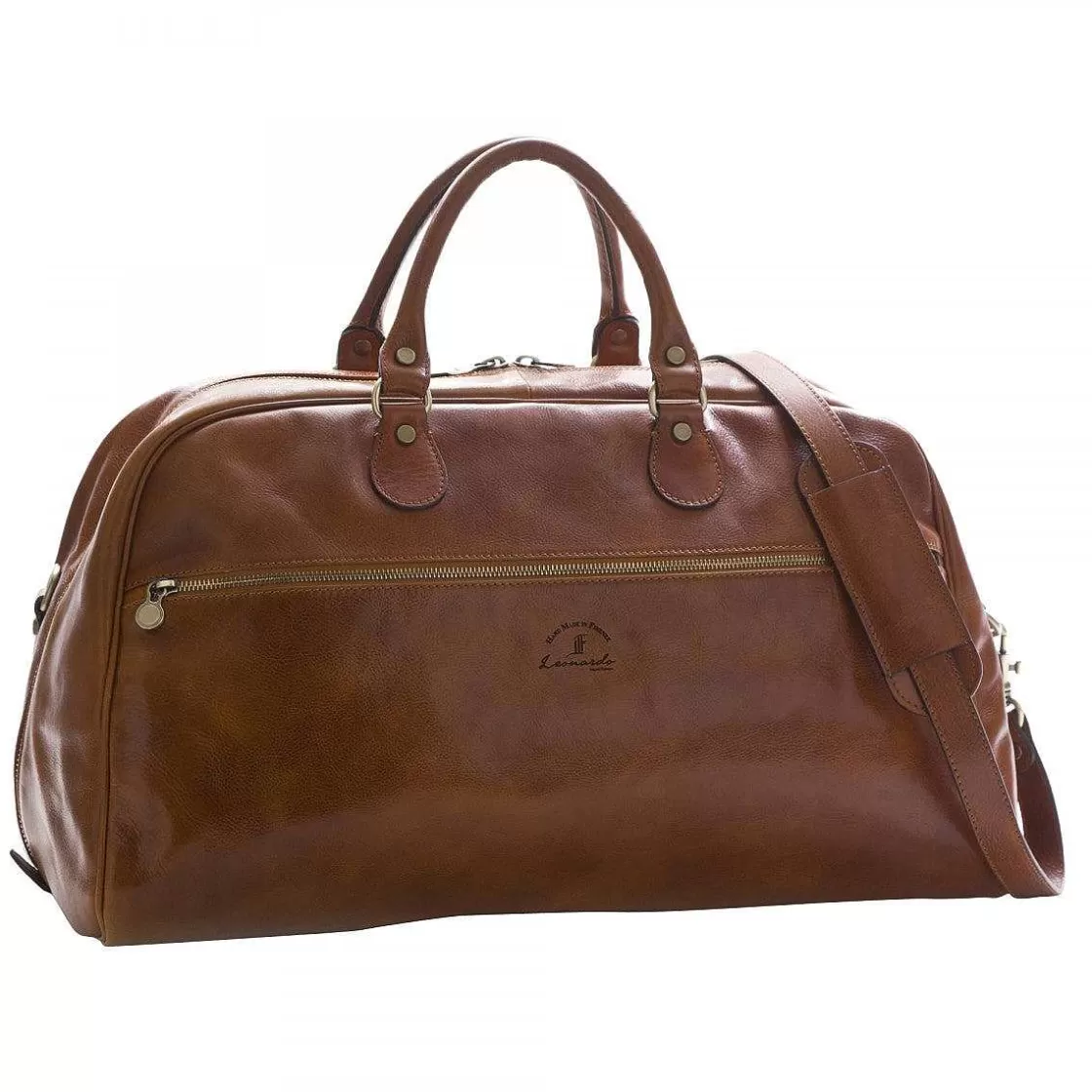 Leonardo Large Travel Bag In Full Grain Leather With Double Zip Front Pocket And Adjustable Shoulder Strap Discount