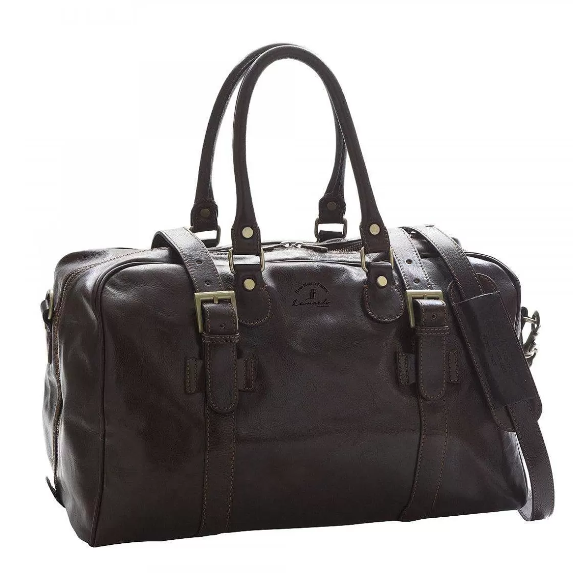 Leonardo Medium Vintage Travel Bag In Full Grain Leather With Double Zip Buckles And Adjustable Shoulder Strap Online