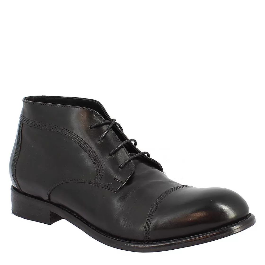 Leonardo Men'S Ankle Boot In Black Leather With Leather And Injected Rubber Sole Flash Sale