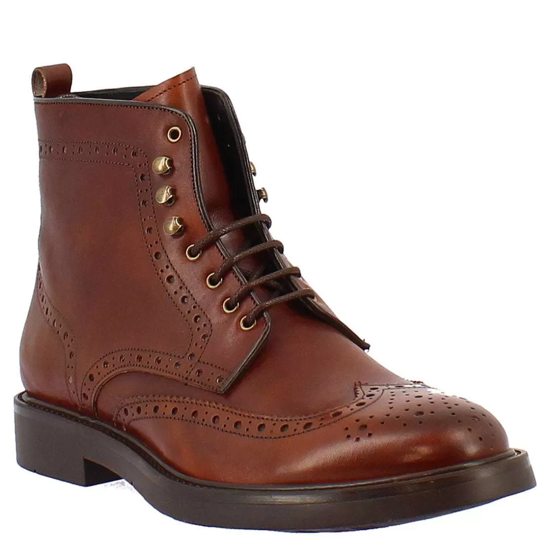 Leonardo Men'S Brogue Derby Ankle Boot In Brown Leather With Rubber Sole Discount