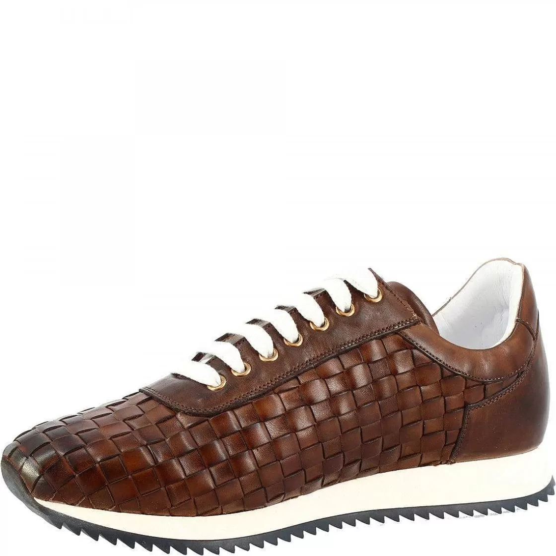 Leonardo Men'S Casual Sneakers Handmade In Brandy Woven Leather Discount