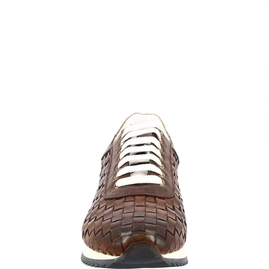 Leonardo Men'S Casual Sneakers Handmade In Brandy Woven Leather Discount