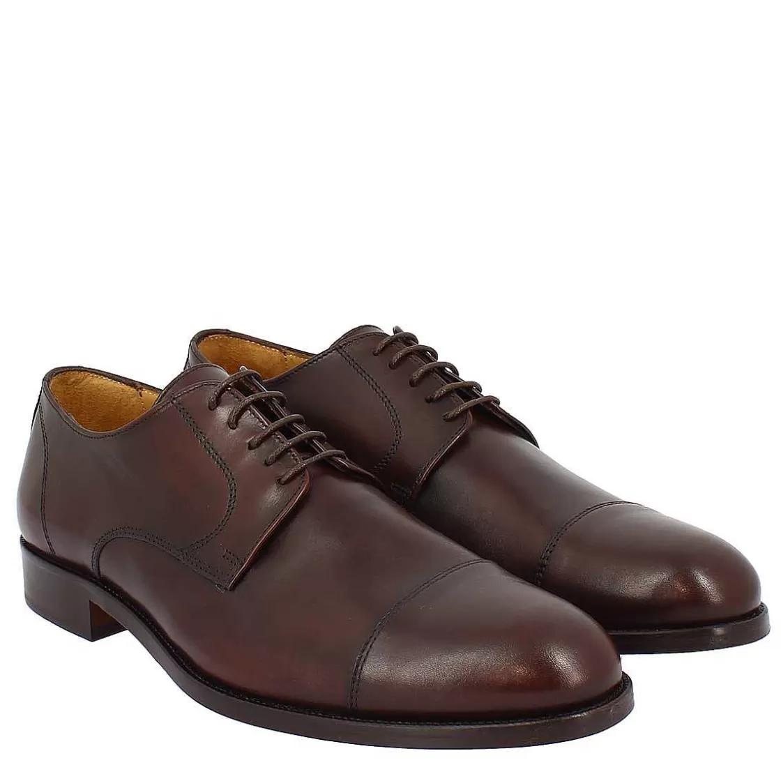 Leonardo Men'S Dark Brown Derby Lace-Up Shoe In Genuine Leather With Toe Cap Best Sale