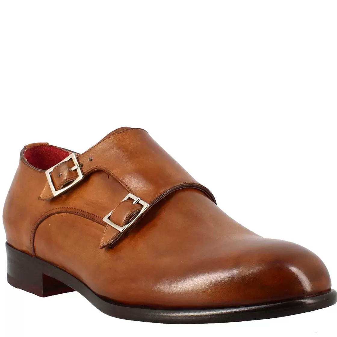 Leonardo Men'S Double Buckle Shoe In Sienna Brown Leather Discount