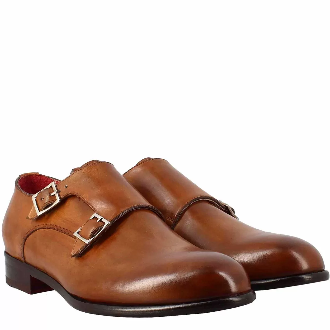 Leonardo Men'S Double Buckle Shoe In Sienna Brown Leather Discount