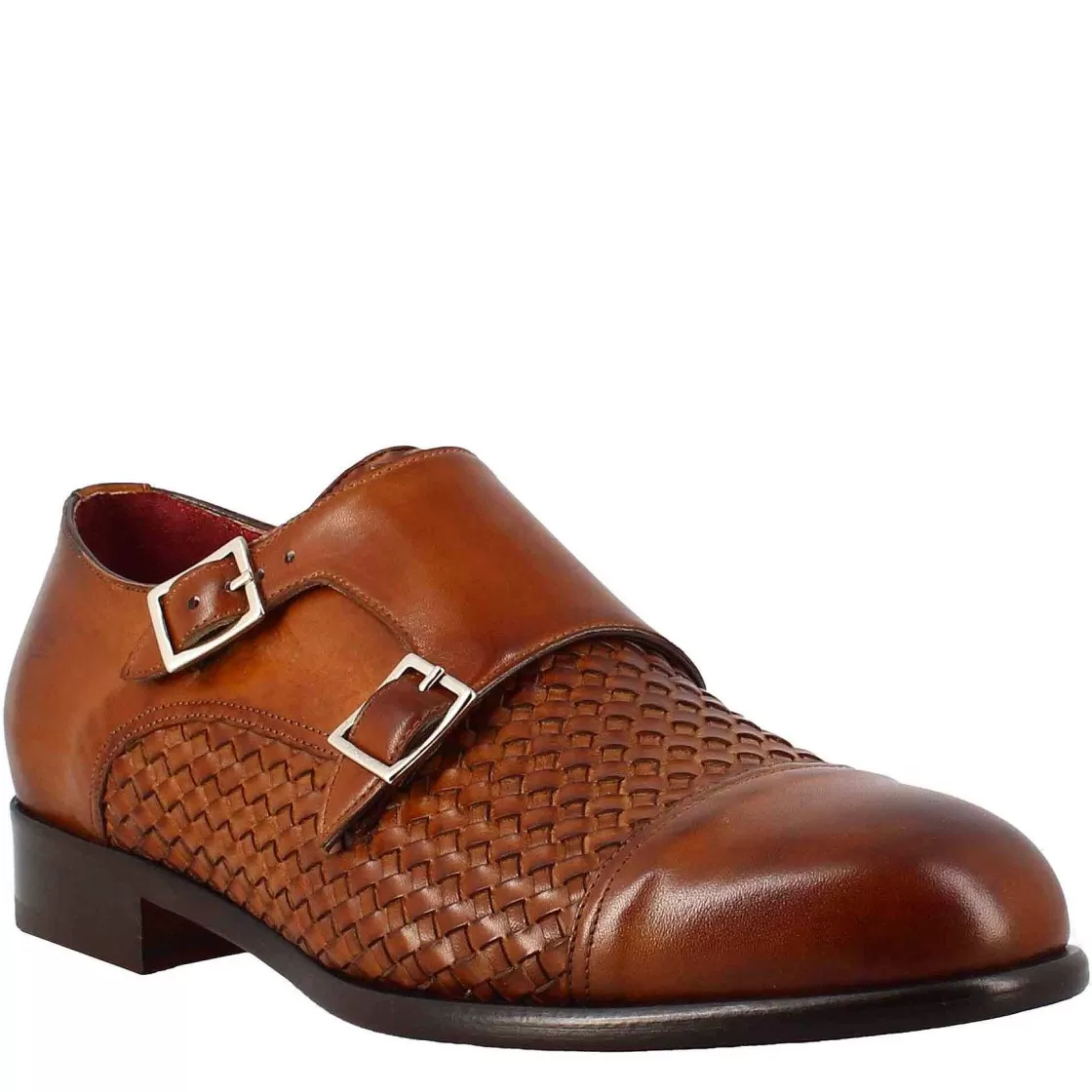 Leonardo Men'S Double Buckle Shoe In Sienna Brown Woven Leather Fashion