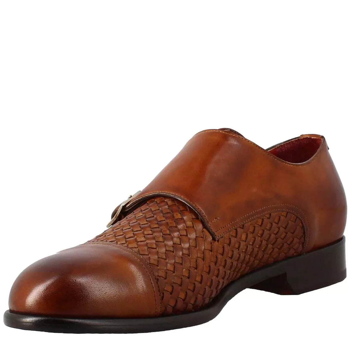 Leonardo Men'S Double Buckle Shoe In Sienna Brown Woven Leather Fashion