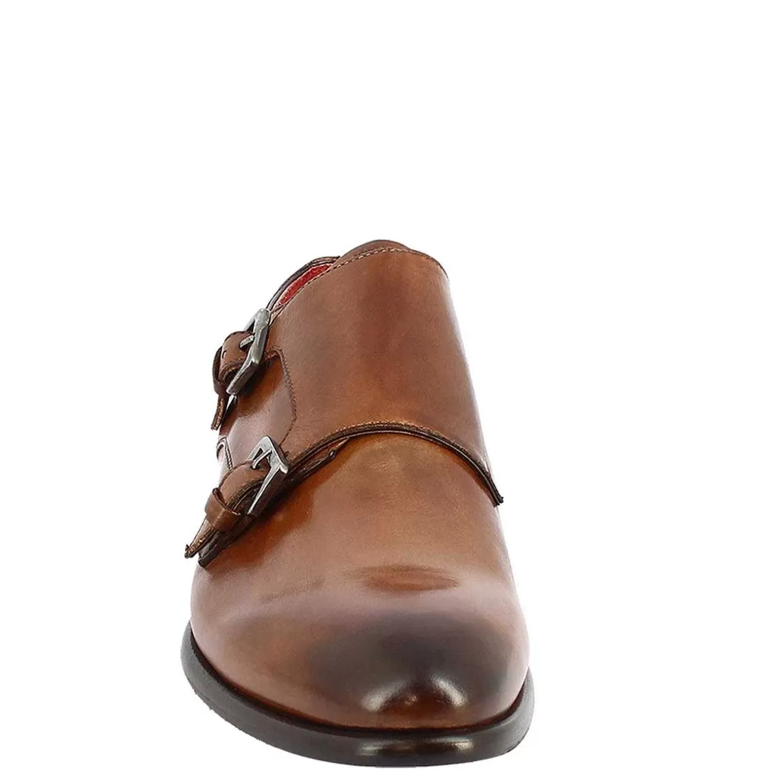 Leonardo Men'S Double Buckle Shoes In Brandy Leather Handmade Sale