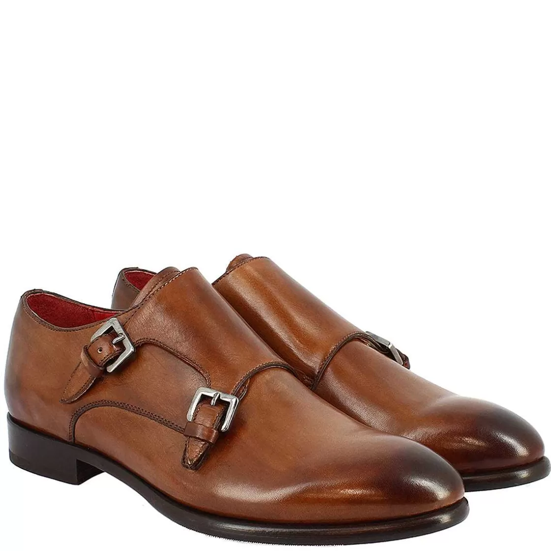 Leonardo Men'S Double Buckle Shoes In Brandy Leather Handmade Sale