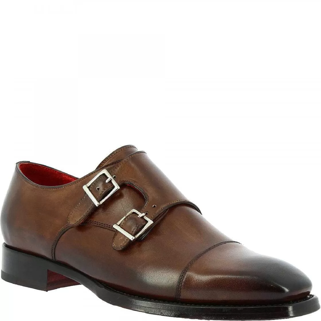 Leonardo Men'S Elegant Shoes With Double Buckle In Brandy Delave Calf Leather Handmade Sale
