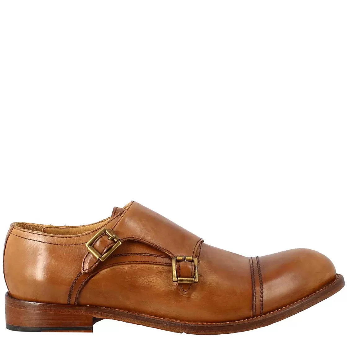 Leonardo Men'S Elegant Vintage Beige Double Buckle Shoe In Leather Hot