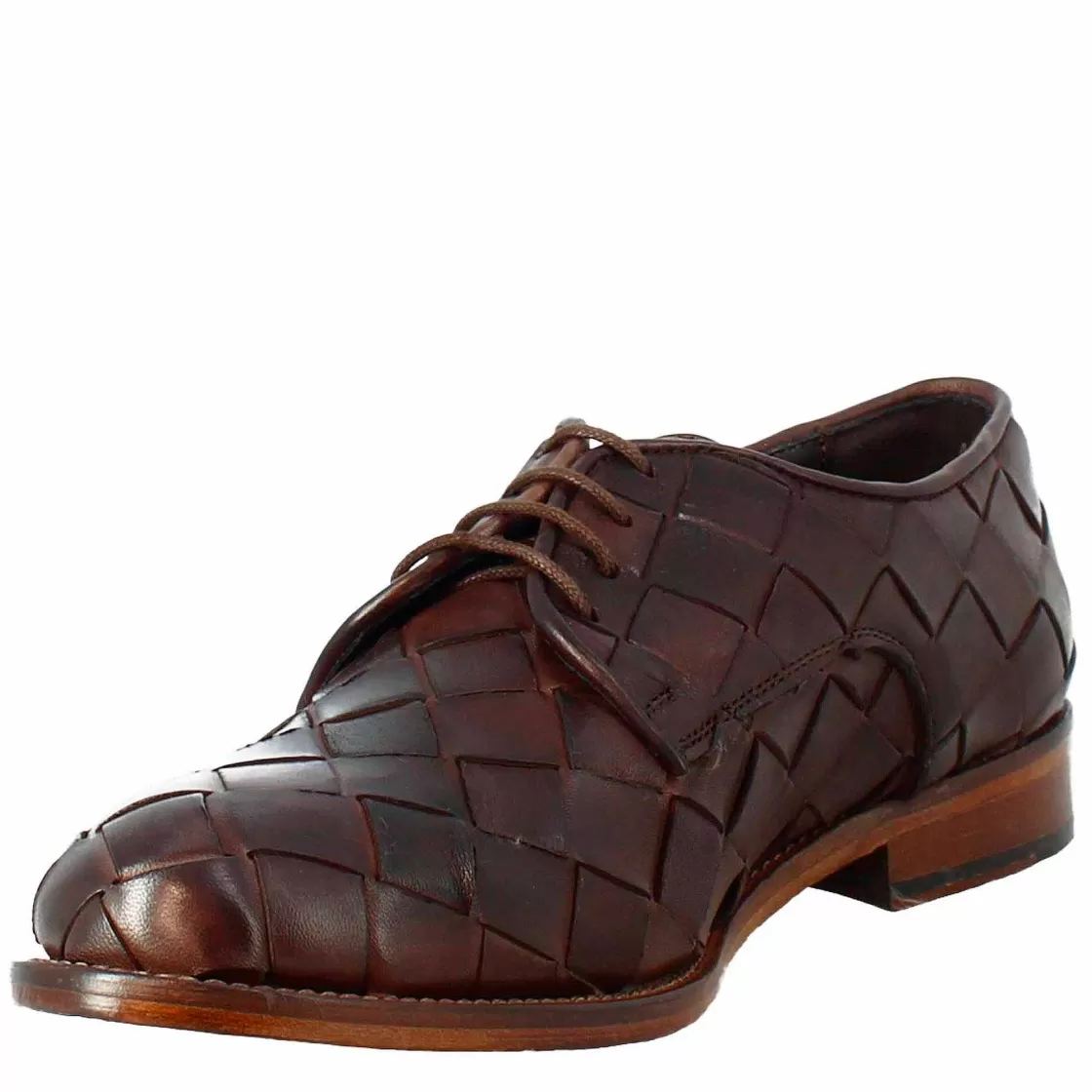 Leonardo Men'S Elegant Vintage Dark Brown Derby In Woven Leather Outlet