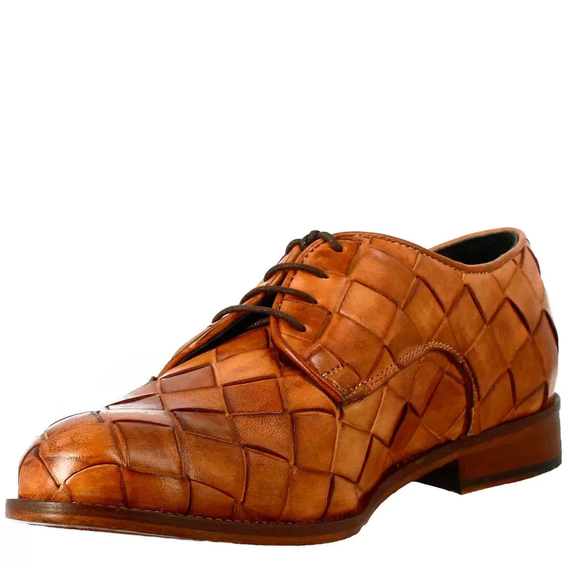 Leonardo Men'S Elegant Vintage Tan Derby In Woven Leather Discount