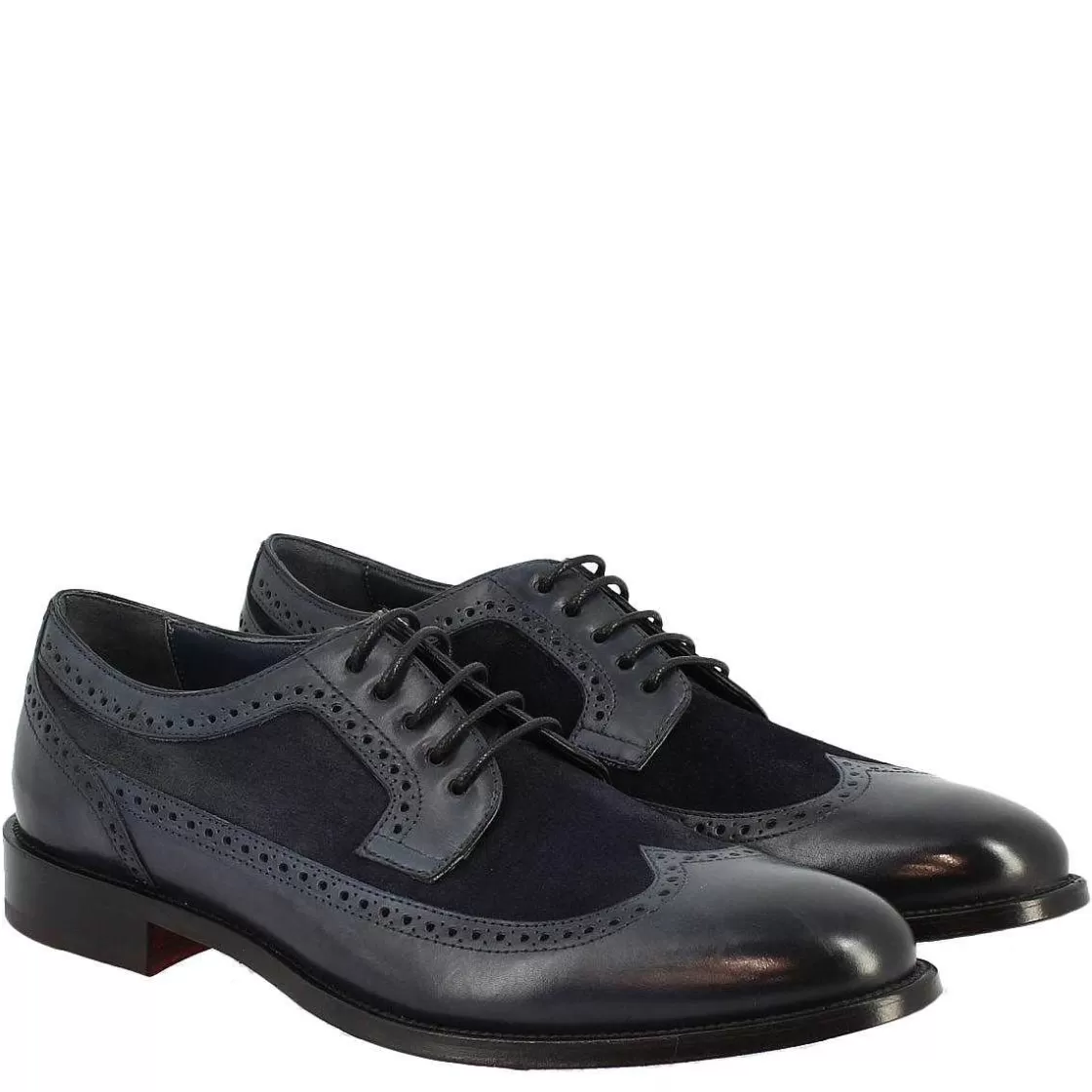 Leonardo Men'S Handmade Lace-Up Half Brogues Shoes In Blue Calfskin And Suede Best Sale