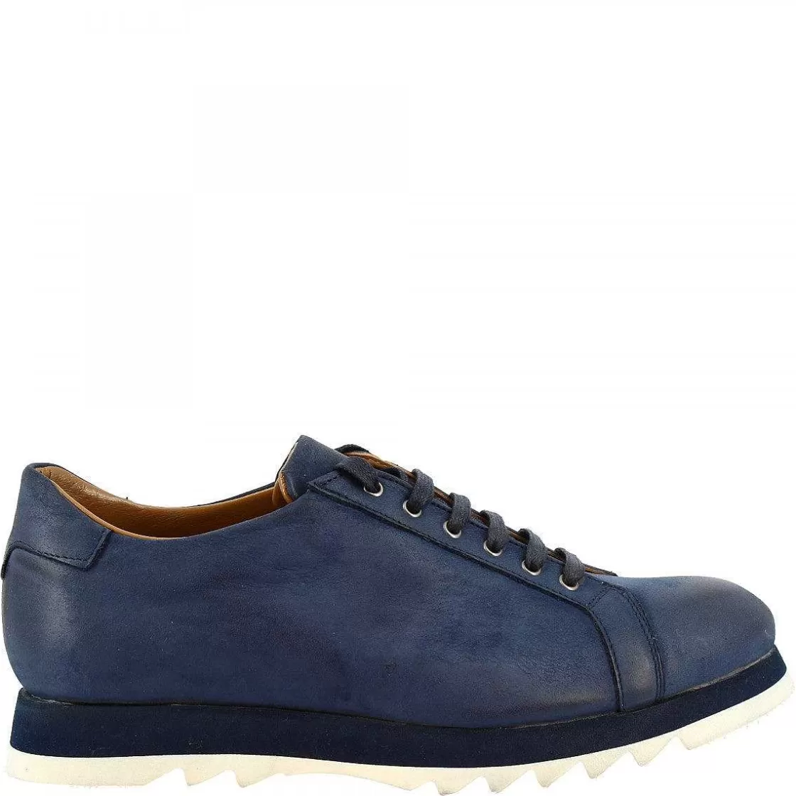 Leonardo Men'S Handmade Round Toe Casual Lace-Up Shoes In Blue Nappa Leather Outlet