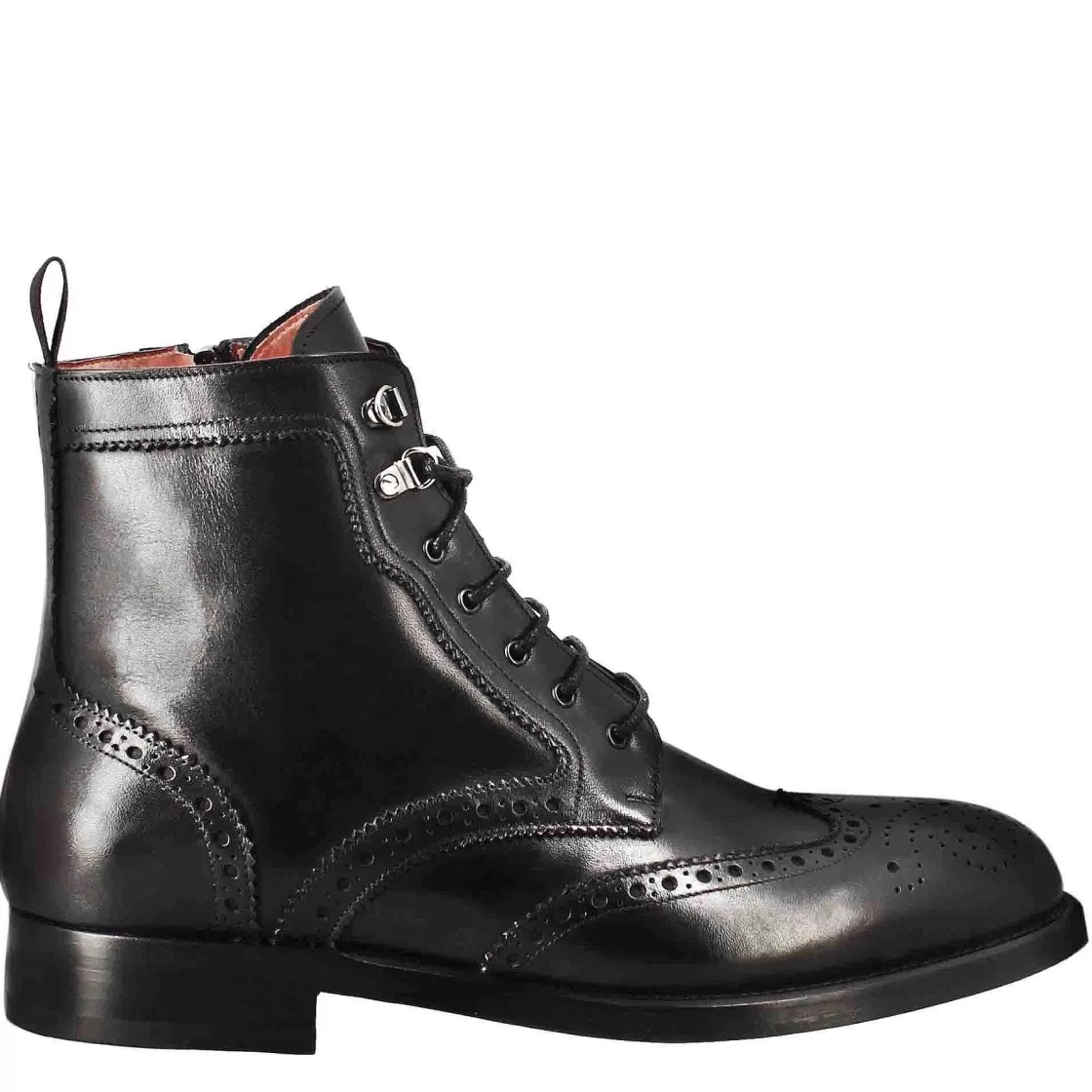 Leonardo Men'S High Amphibious Brogue Boot In Black Leather New