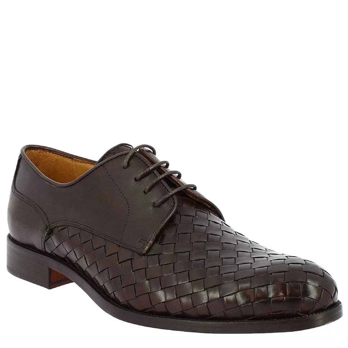 Leonardo Men'S Lace-Up Shoes Handmade In Chocolate Woven Calf Leather Cheap